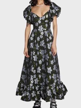 Sister Jane Black Maxi Dress with White Floral Print and Green Leaves